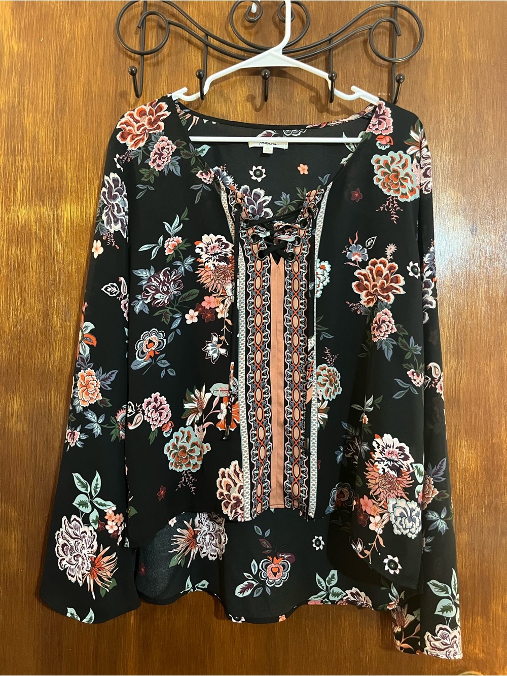 Takara Black Floral Lace-Up Peasant Blouse